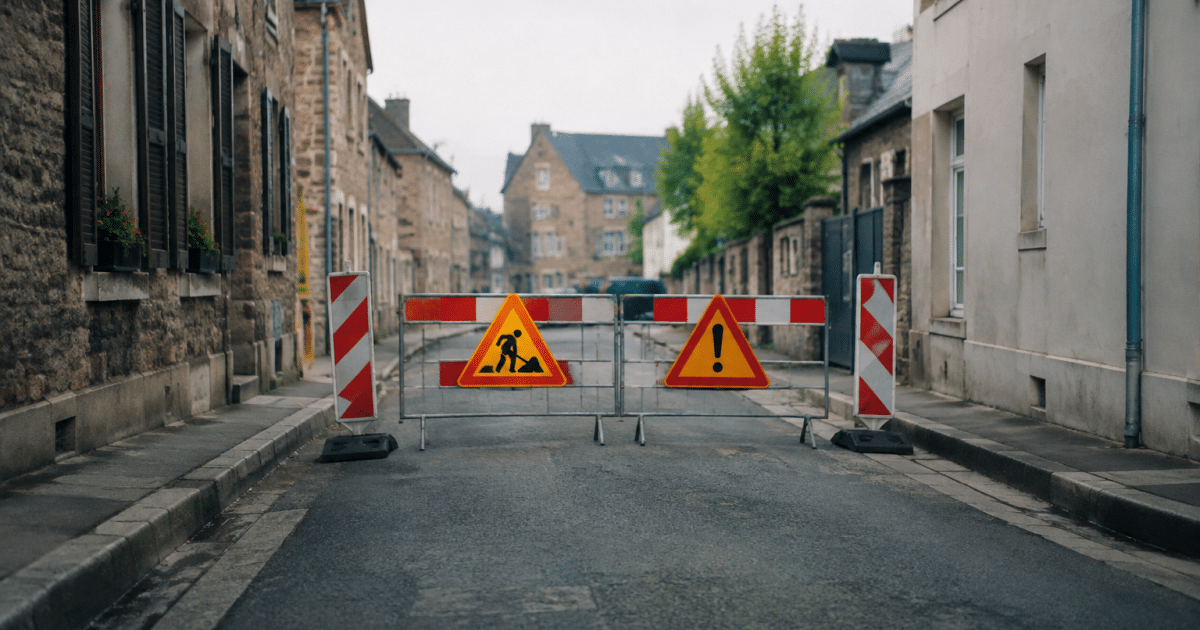 Rue urbaine delimitee par panneau signalisation danger zones