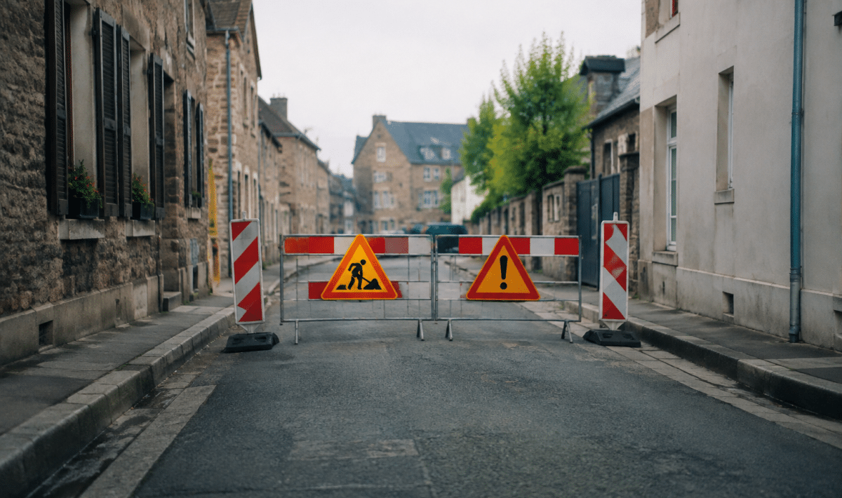 Rue urbaine delimitee par panneau signalisation danger zones