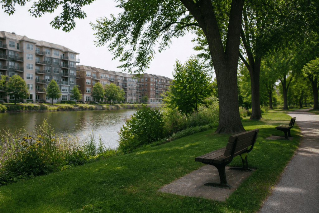 Parc verdoyant avec bancs, immeubles résidentiels et berges fluviales calmes