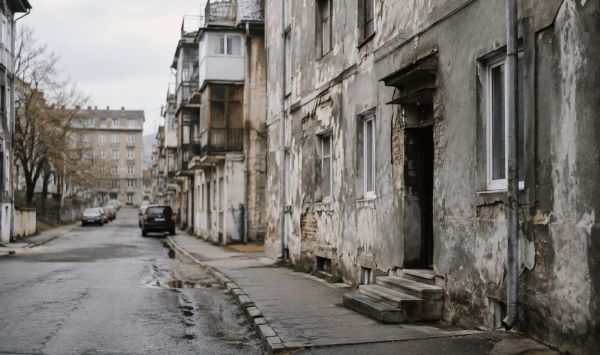 Rues urbaines delabrees avec immeubles deteriores et facades grises