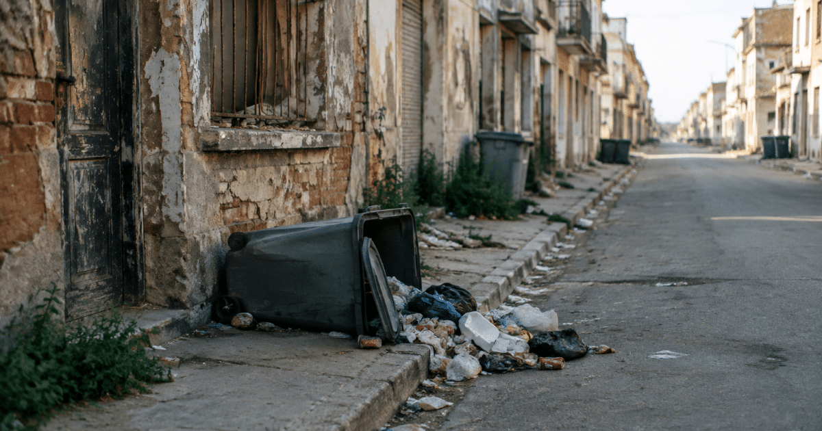 Rue urbaine degradee avec batiments delabres et poubelles renversees