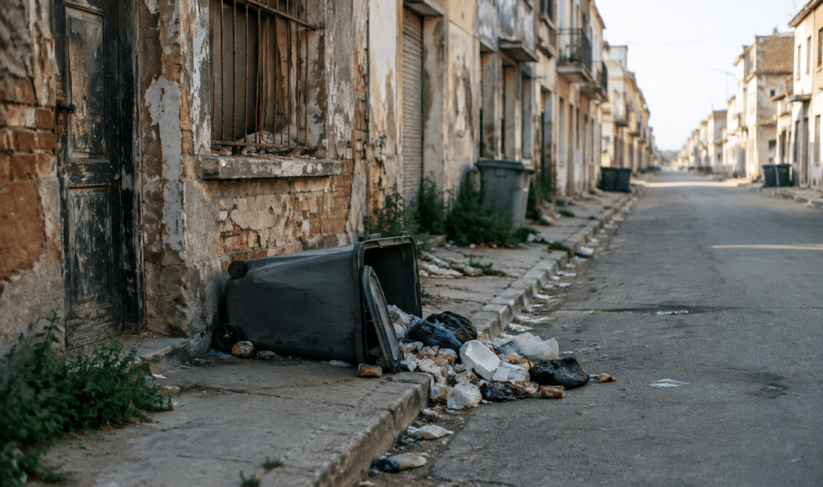 Rue urbaine degradee avec batiments delabres et poubelles renversees