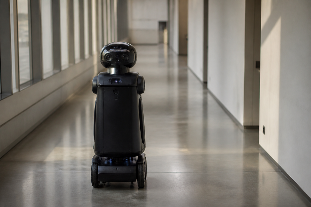 Robot metalique noir patrouille couloir avec capteurs LED