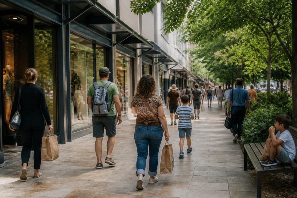 Rue commercante avec magasins, familles et arbres verts