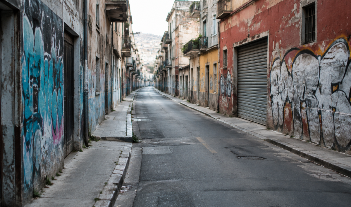 Rue urbaine vide avec facades degradees et graffitis
