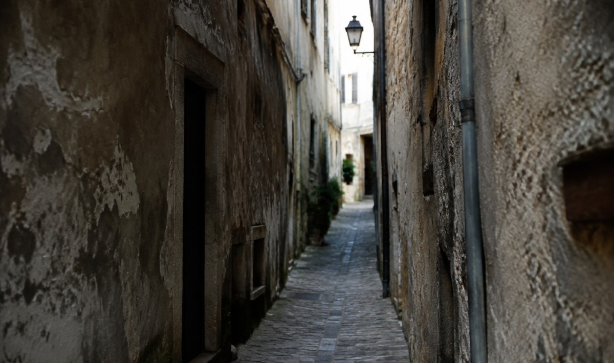 Ruelle etroite avec murs degrades et peu eclairee
