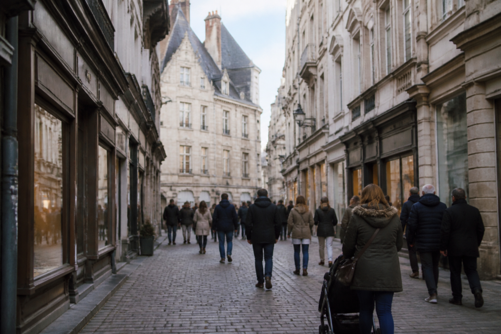 Rues pietonniere avec batiments historiques et vitrines commerciales