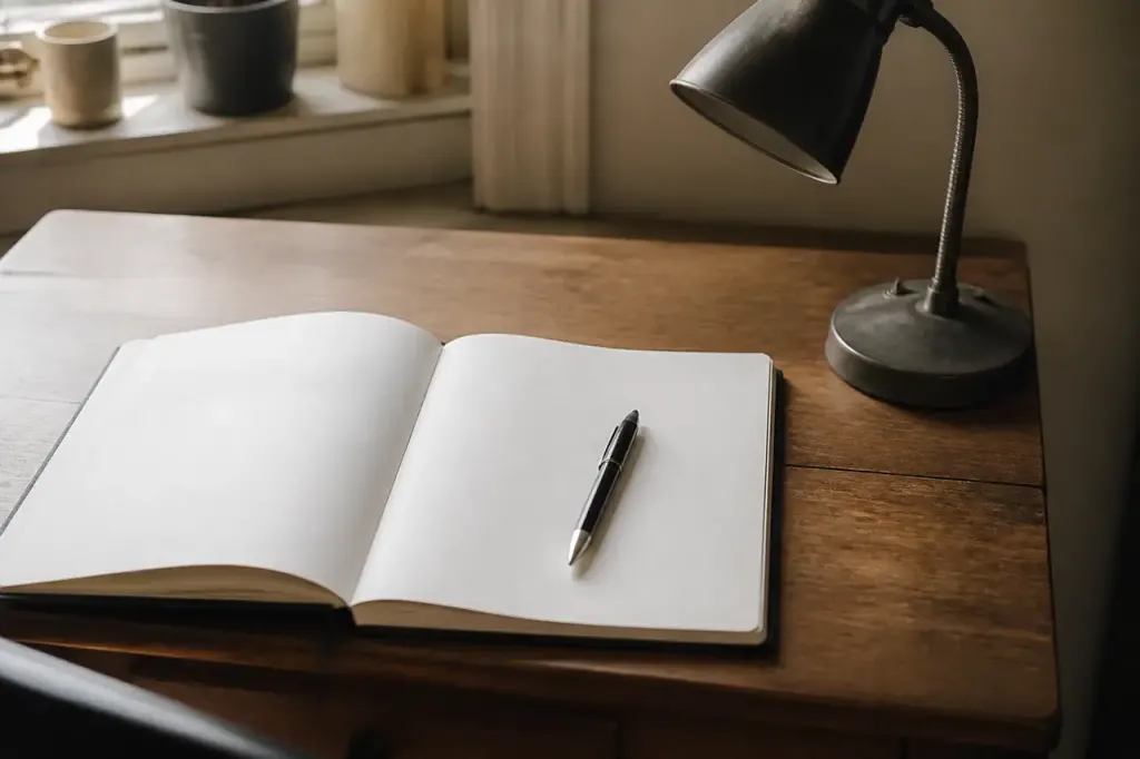 Carnet ouvert avec un stylo et une lampe
