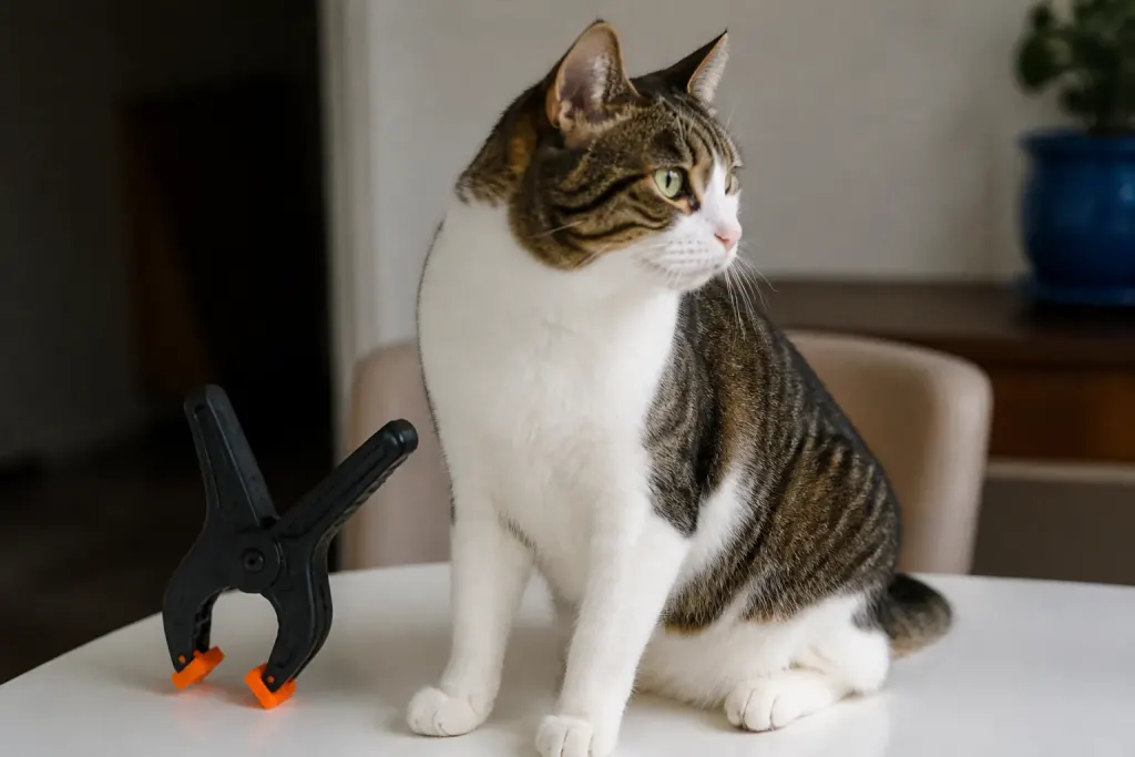 Chat calme assis sur table blanche, pince ouverte