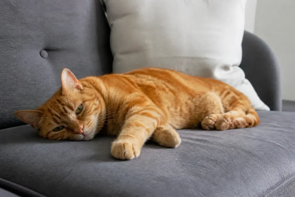 Chat roux allonge sur un canape gris