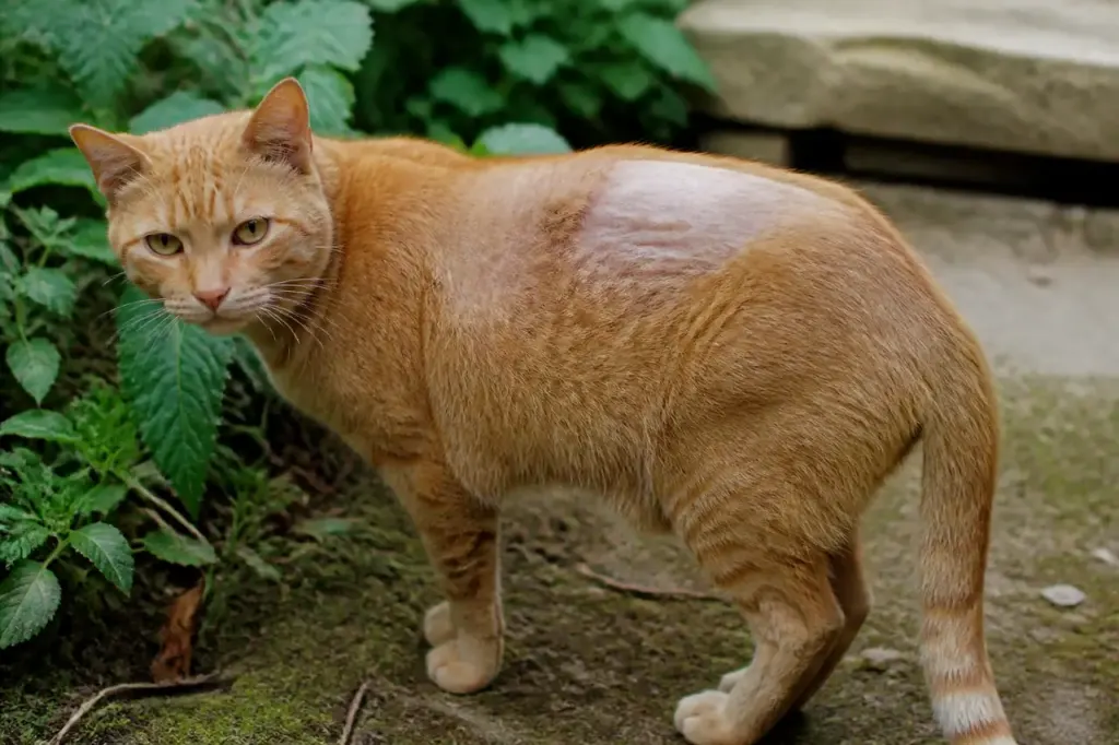 Chat roux avec zone sans poils sur le dos
