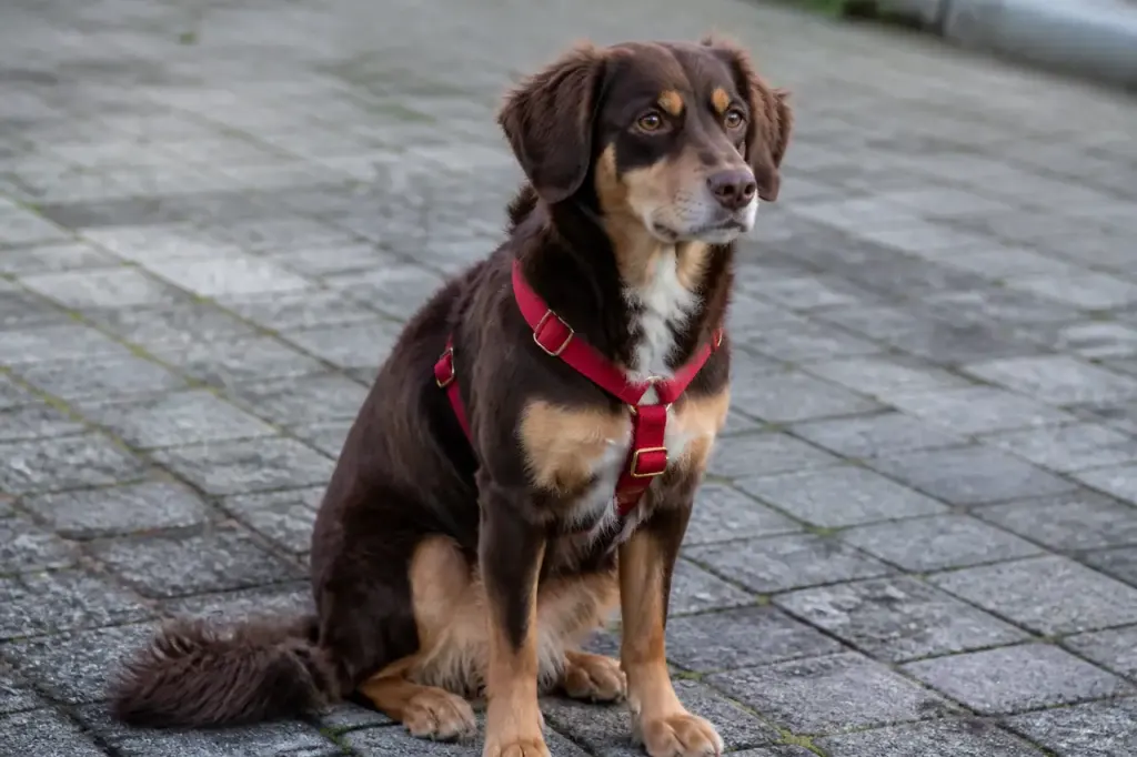 chien assis portant harnais rouge boucles dorees