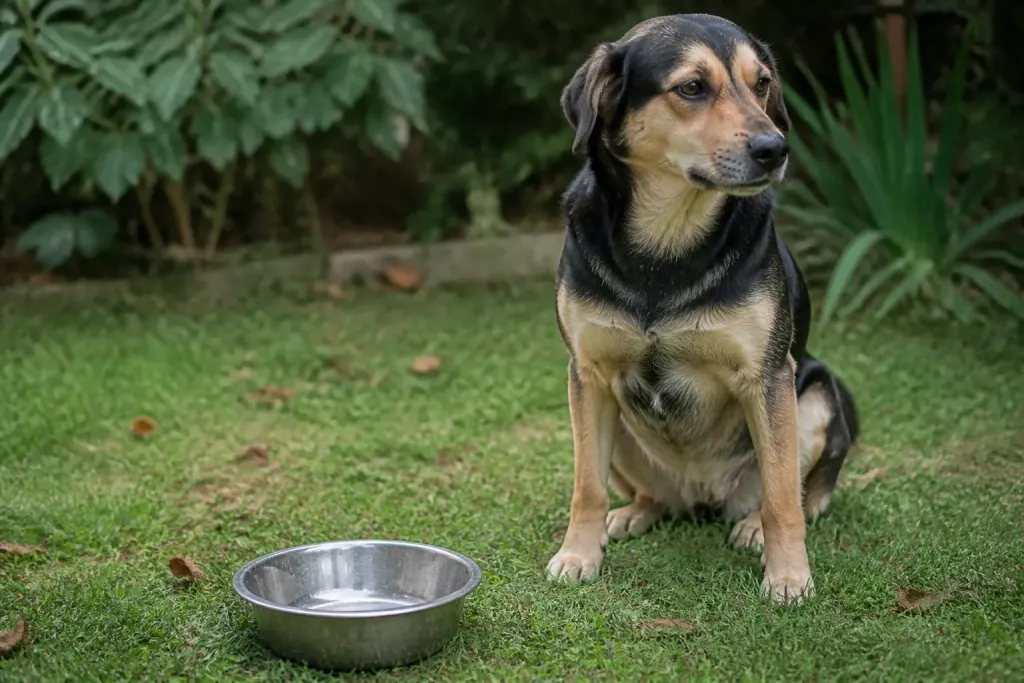 Chien assis dans herbe verte devant gamelle vide