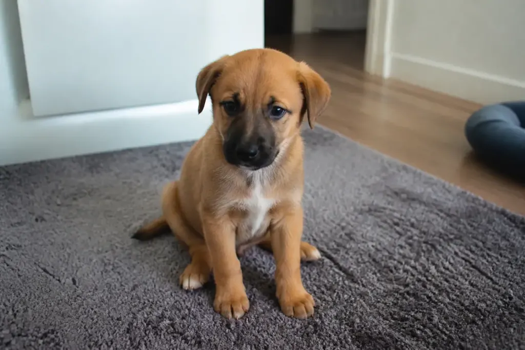 Chiot fauve assis sur un tapis gris