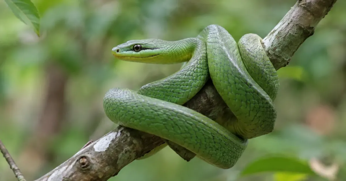 Couleuvre verte enroulee sur une branche d'arbre