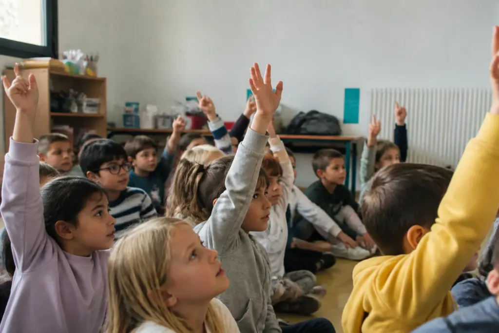 Enfants levant les mains pour deviner un animal secret