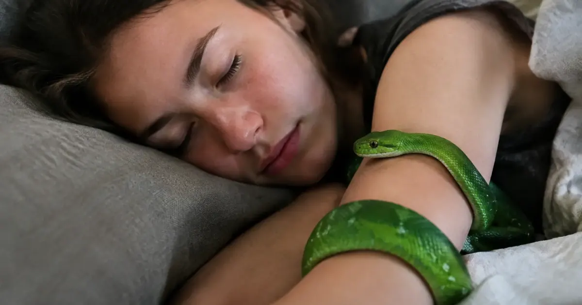 Femme endormie, reptile vert enroule sur son bras