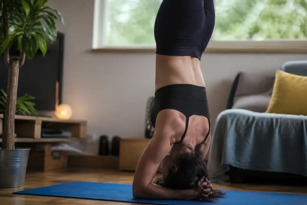 Femme en posture inversee sur tapis bleu