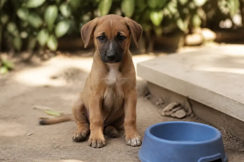 Jeune chiot assis pres dune gamelle bleue