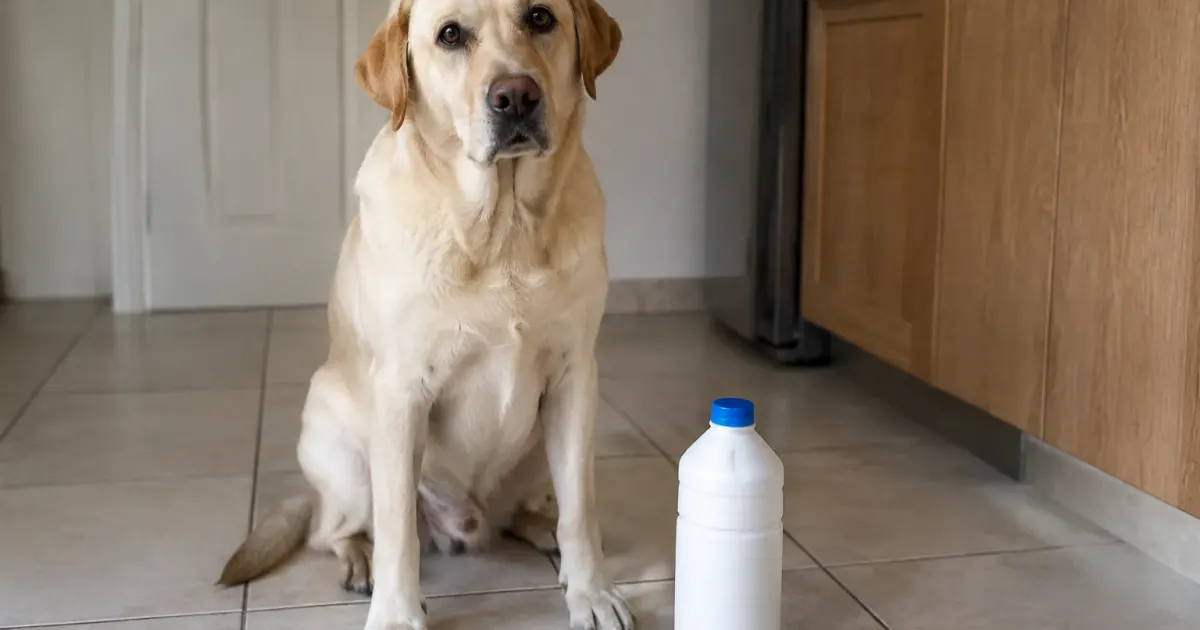 Labrador assis devant un flacon de peroxyde sur carrelage