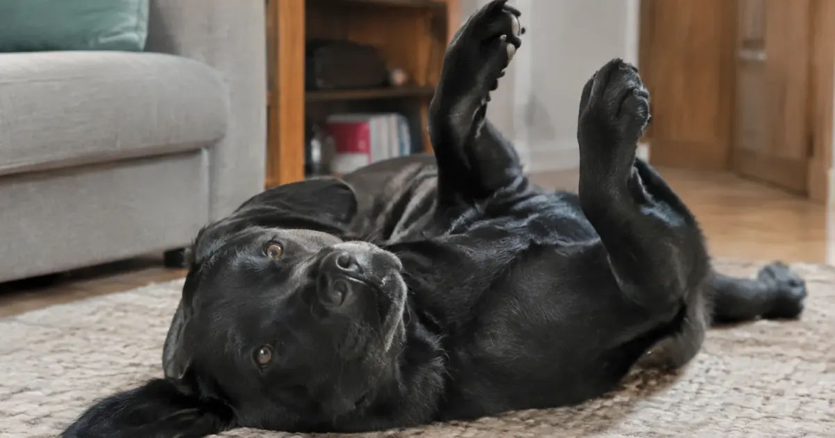 Labrador noir sur tapis, pattes levees vers le plafond