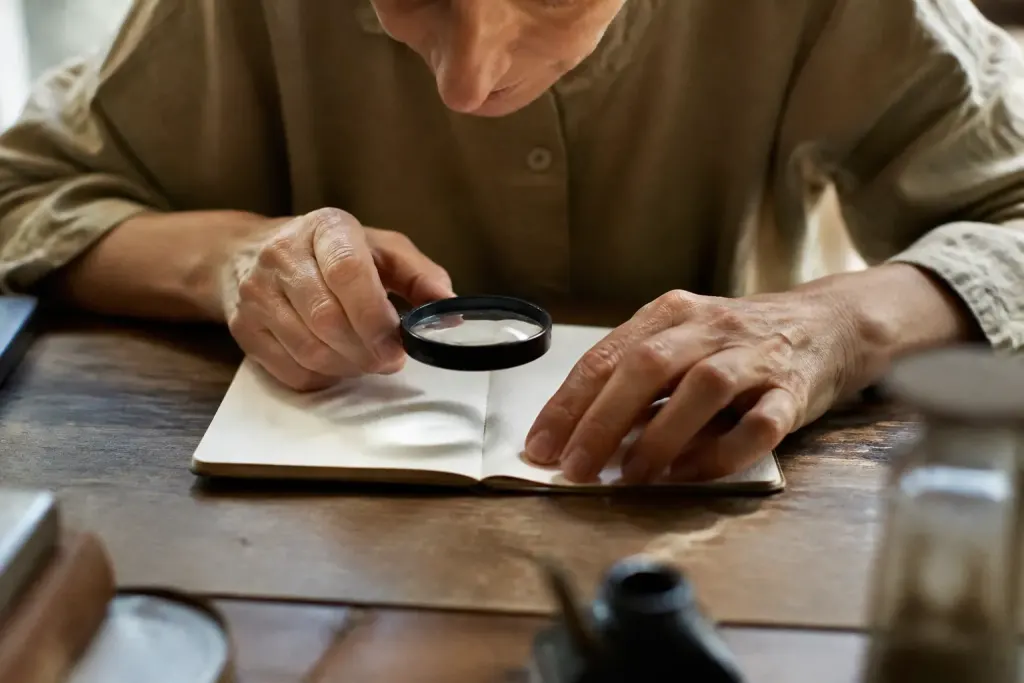 Main tenant une loupe sur un carnet ouvert