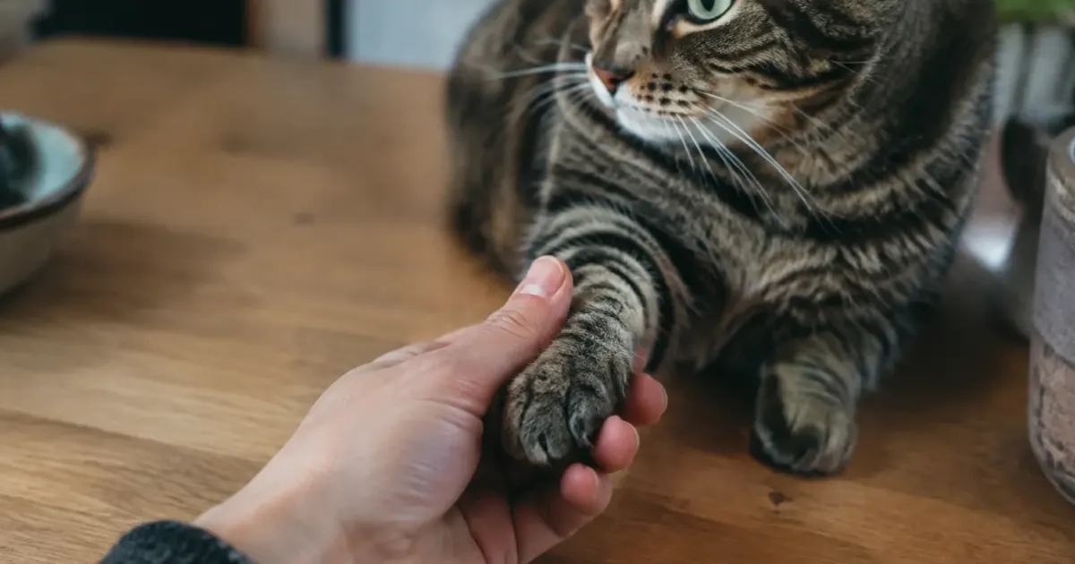 Main tenant delicatement une patte de felin sur table