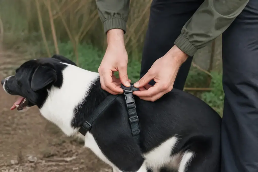 Main verifiant la boucle du harnais sur un chien