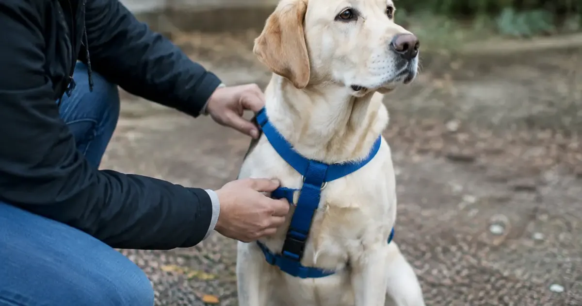 Mains ajustant une sangle bleue sur un labrador assis