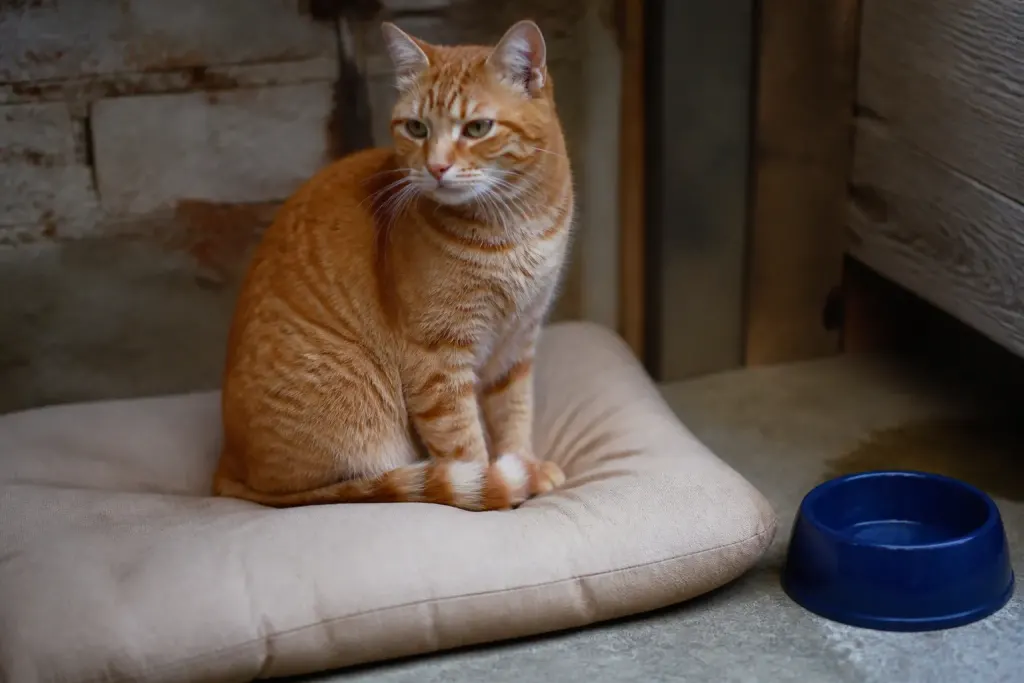 Matou roux assis sur un coussin beige, gamelle bleue