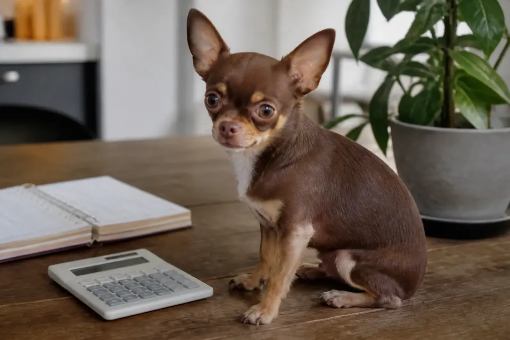 Petit chihuahua brun assis pres dune calculatrice et calendrier