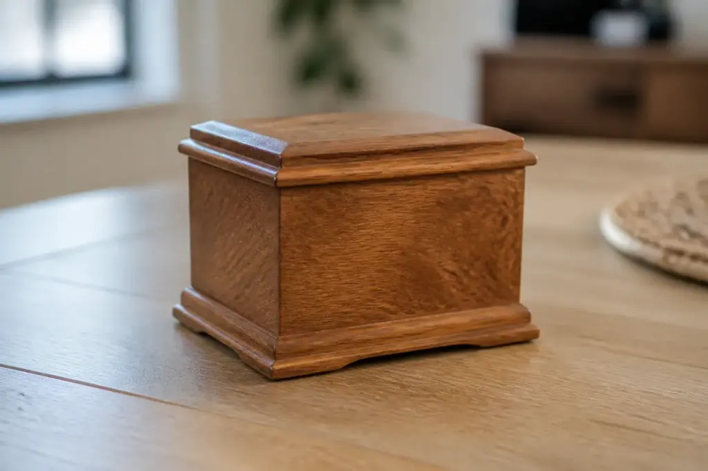 Petite urne en bois sur une table claire