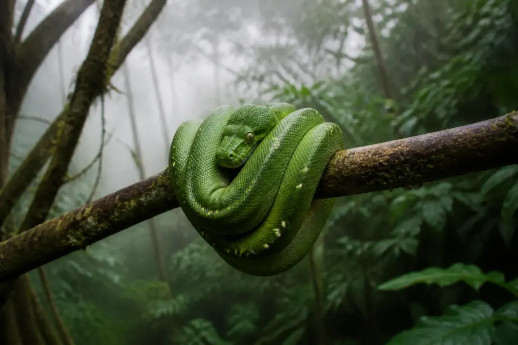 Reptile vert enroule sur une branche dans la brume