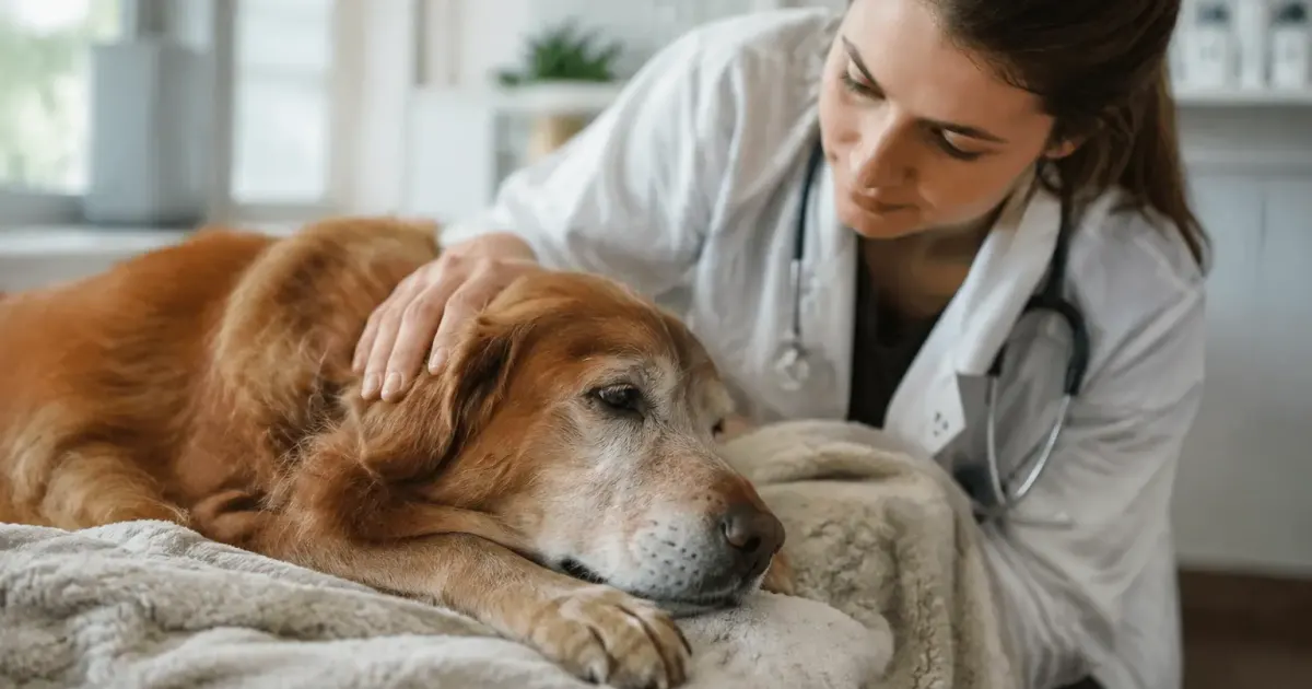 Veterinaire caresse un vieux chien allonge sur couverture